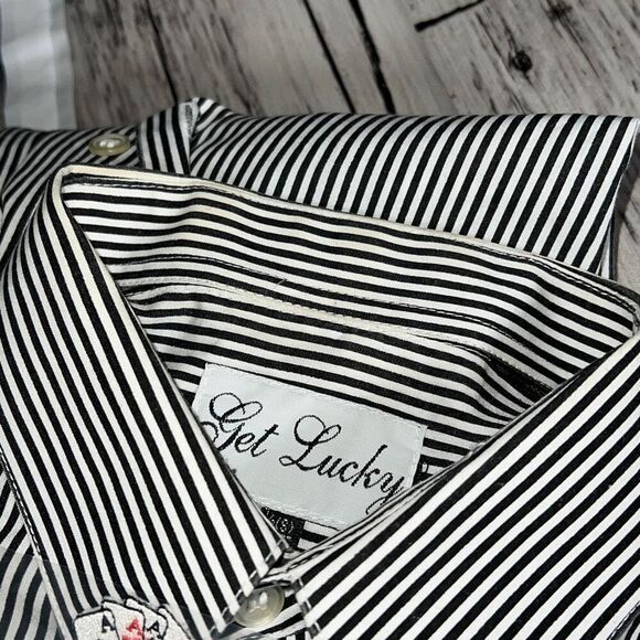 Get Lucky Womens Button Down Shirt Striped Small Embroidered Cards Black Small - Picture 15 of 15